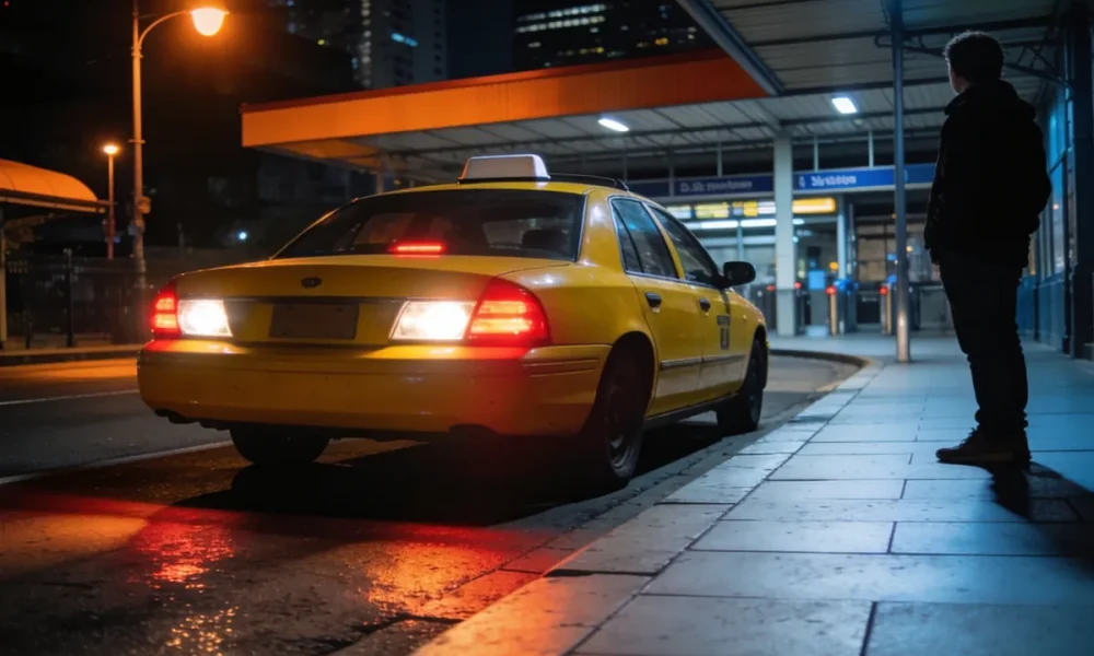 taxi pulling up on a night-time city street with a waiting person