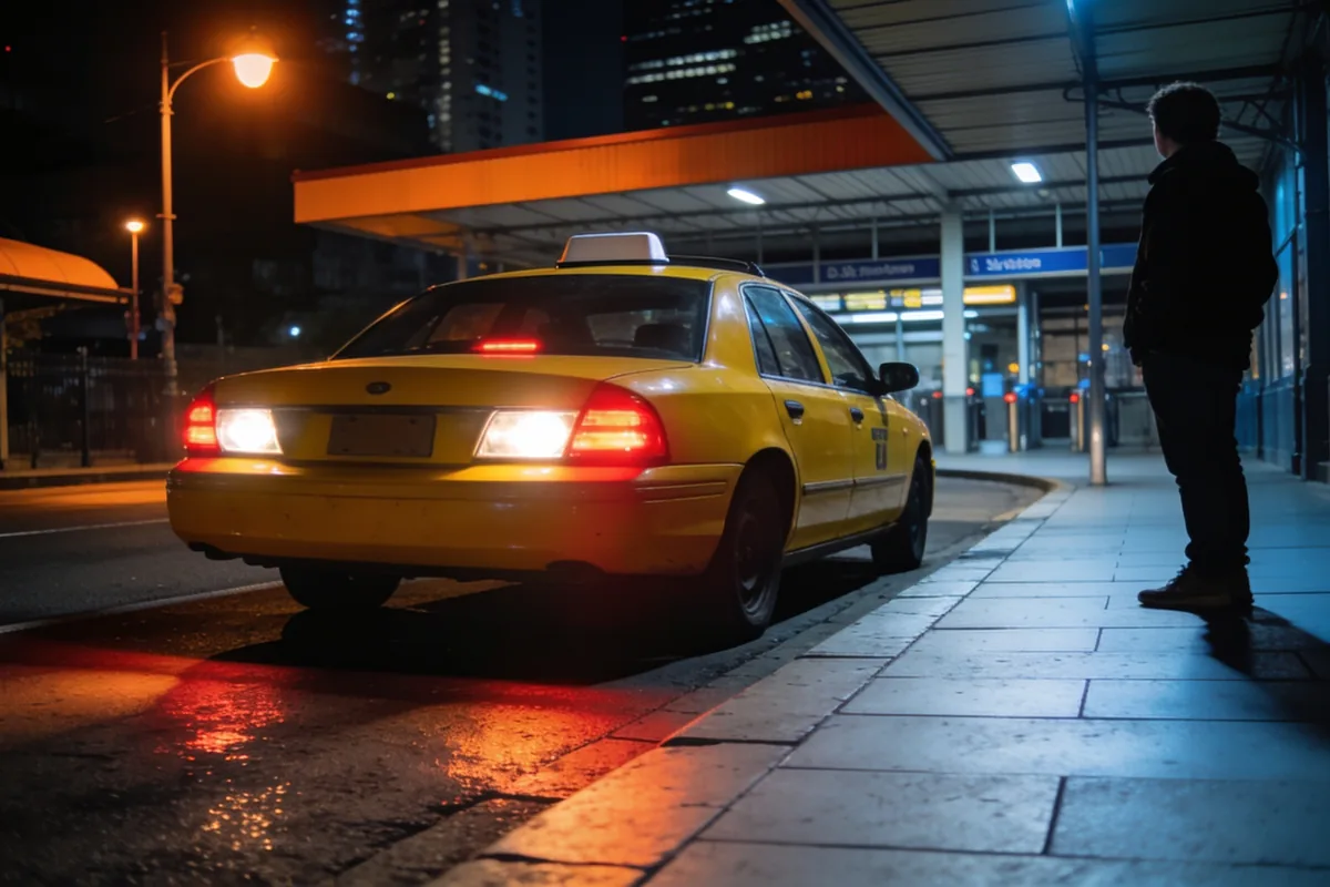 taxi pulling up on a night-time city street with a waiting person