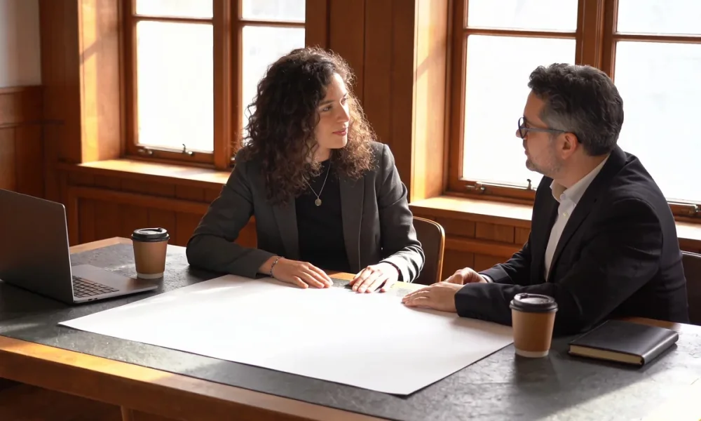 A small business owner and an accountant reviewing blank reports together at a sunlit desk.