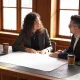 A small business owner and an accountant reviewing blank reports together at a sunlit desk.