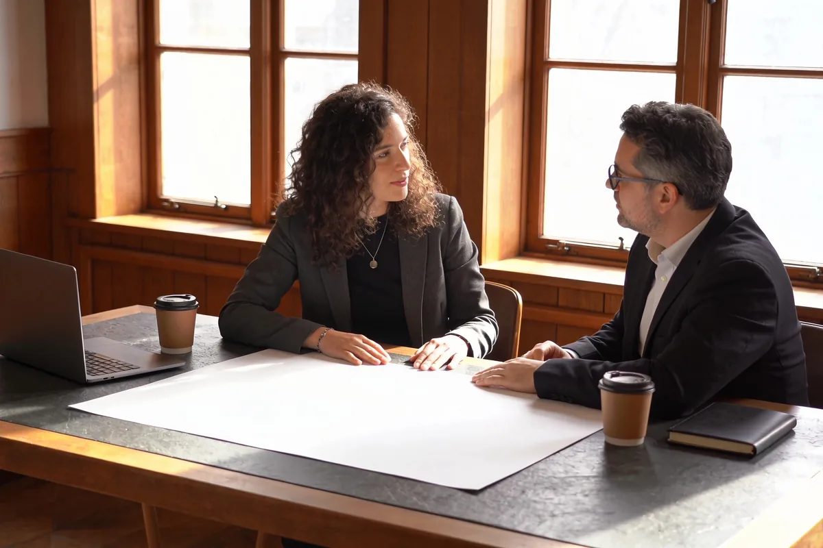 A small business owner and an accountant reviewing blank reports together at a sunlit desk.