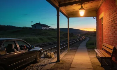 Dark sedan parked beside a country railway station platform at dusk, with a soft travel bag on the gravel behind it and a lit lamp over an empty timber bench, the station building glowing red brick