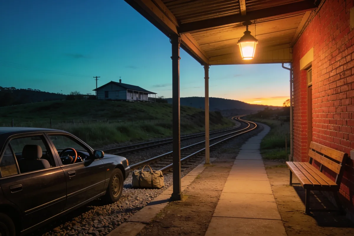 Dark sedan parked beside a country railway station platform at dusk, with a soft travel bag on the gravel behind it and a lit lamp over an empty timber bench, the station building glowing red brick
