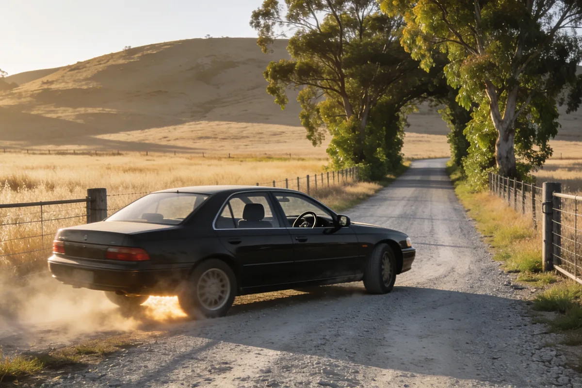 Dark sedan turning off a country road onto a gravel driveway at golden hour, dust rising behind its rear wheel between dry paddocks and river gums