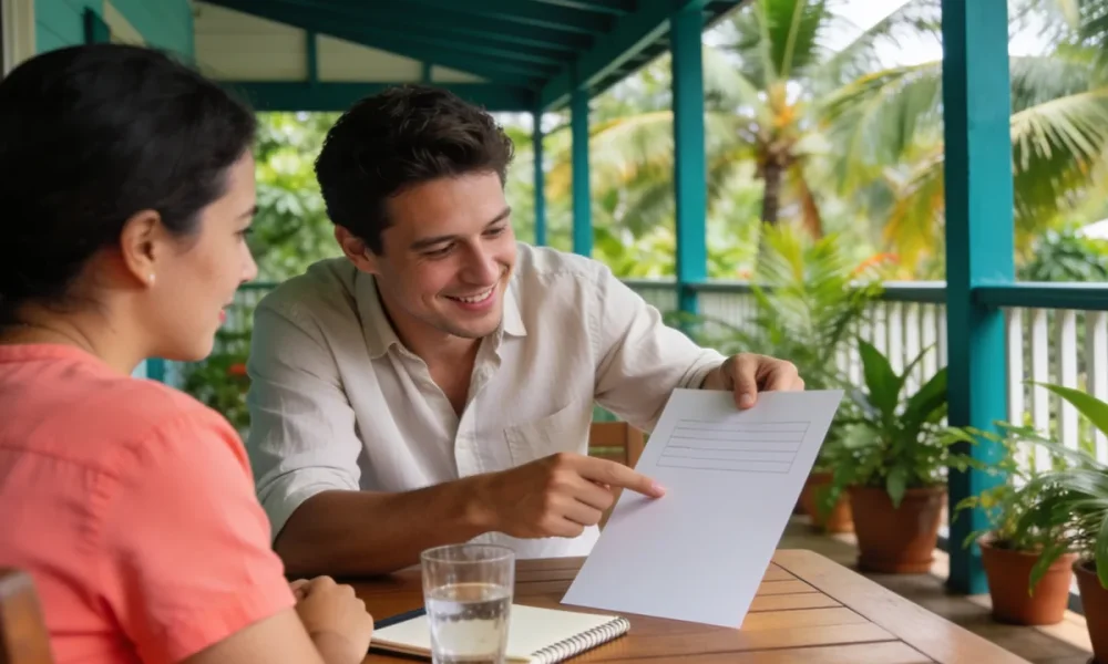 Migration agent consultation on a shaded office verandah in Darwin, two people at a wooden table among potted palms.