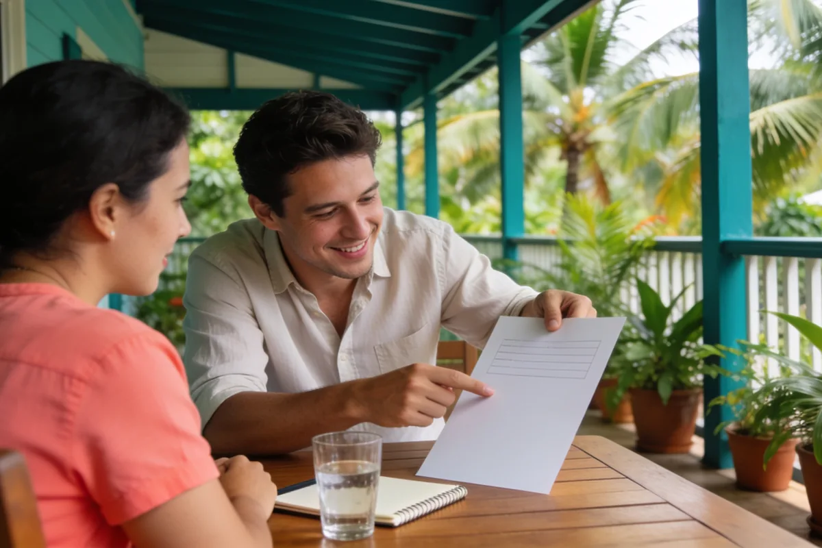 Migration agent consultation on a shaded office verandah in Darwin, two people at a wooden table among potted palms.
