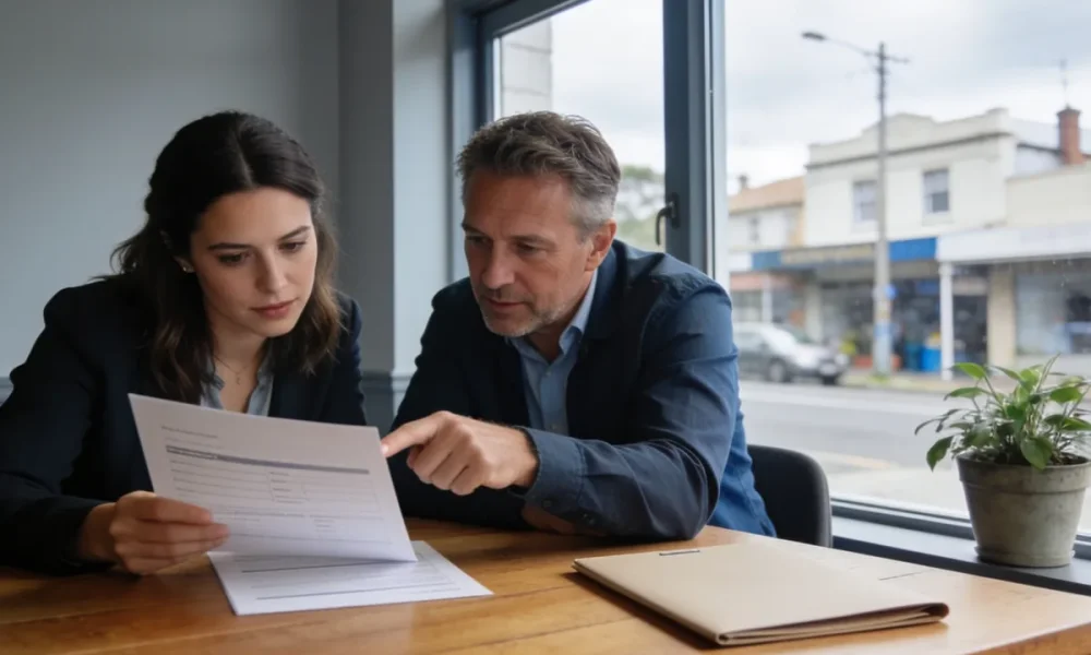 Person reviewing paperwork at a table in natural light outside a cafe on a Geelong street