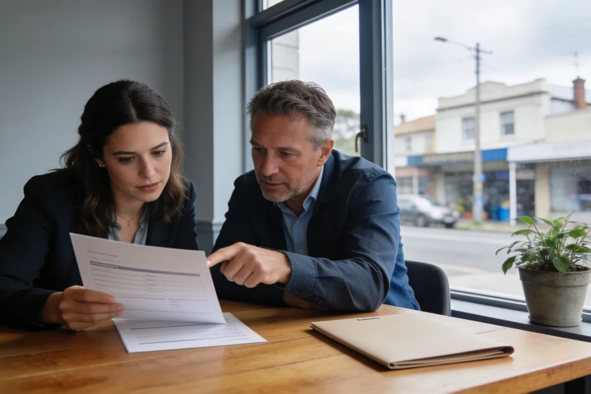 Person reviewing paperwork at a table in natural light outside a cafe on a Geelong street