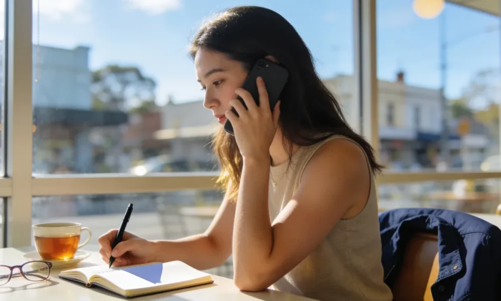 Woman making notes in a notebook during a phone call at a sunlit Melbourne cafe table