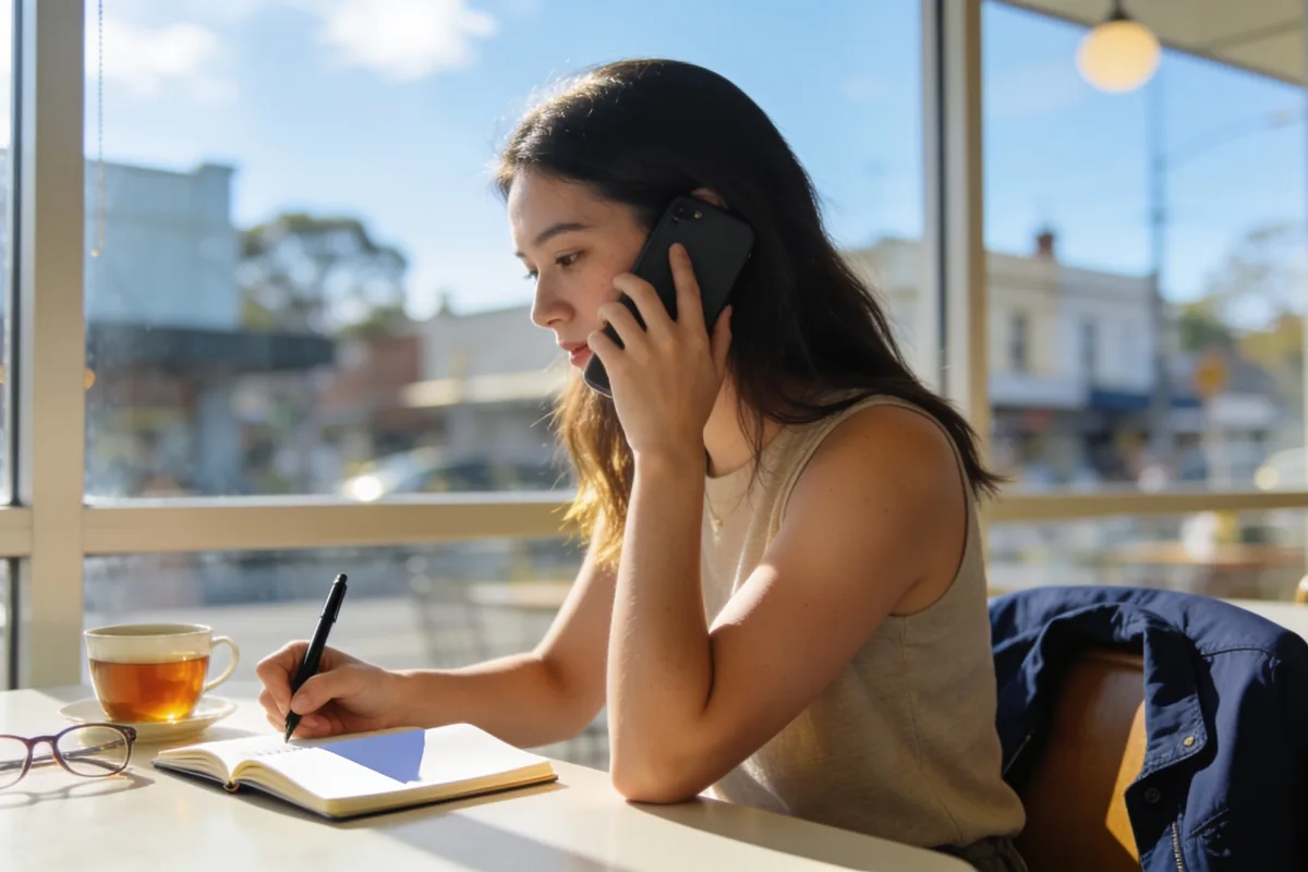 Woman making notes in a notebook during a phone call at a sunlit Melbourne cafe table