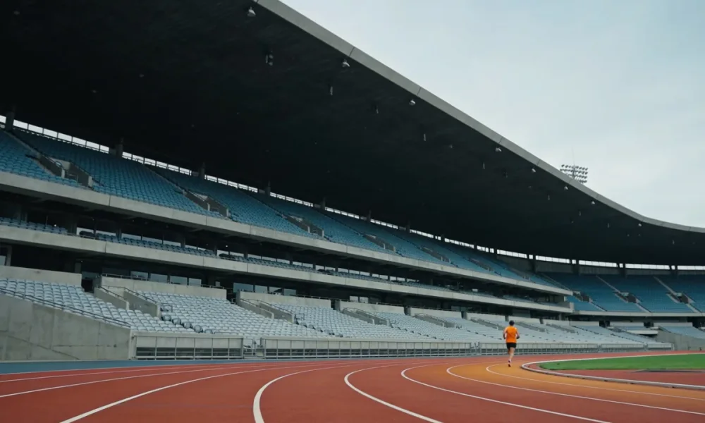 red running track and grandstand of an athletics stadium