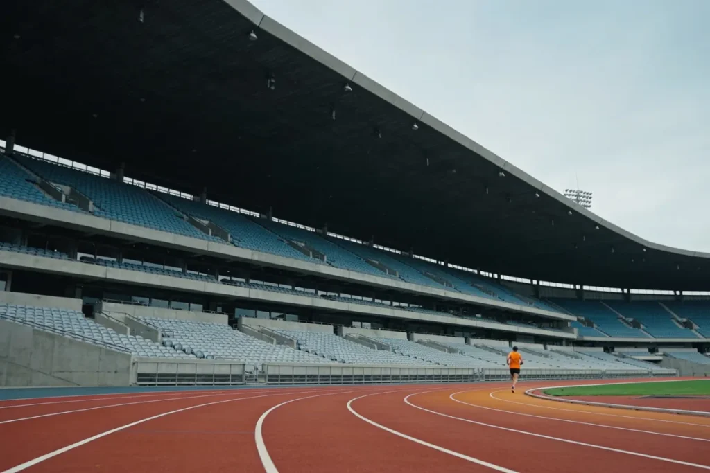 red running track and grandstand of an athletics stadium