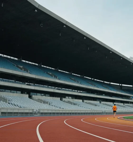 red running track and grandstand of an athletics stadium