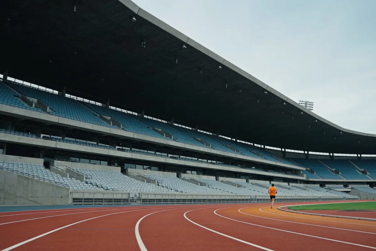 red running track and grandstand of an athletics stadium