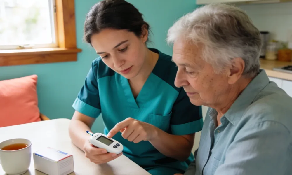 community nurse showing an older person a blood glucose meter