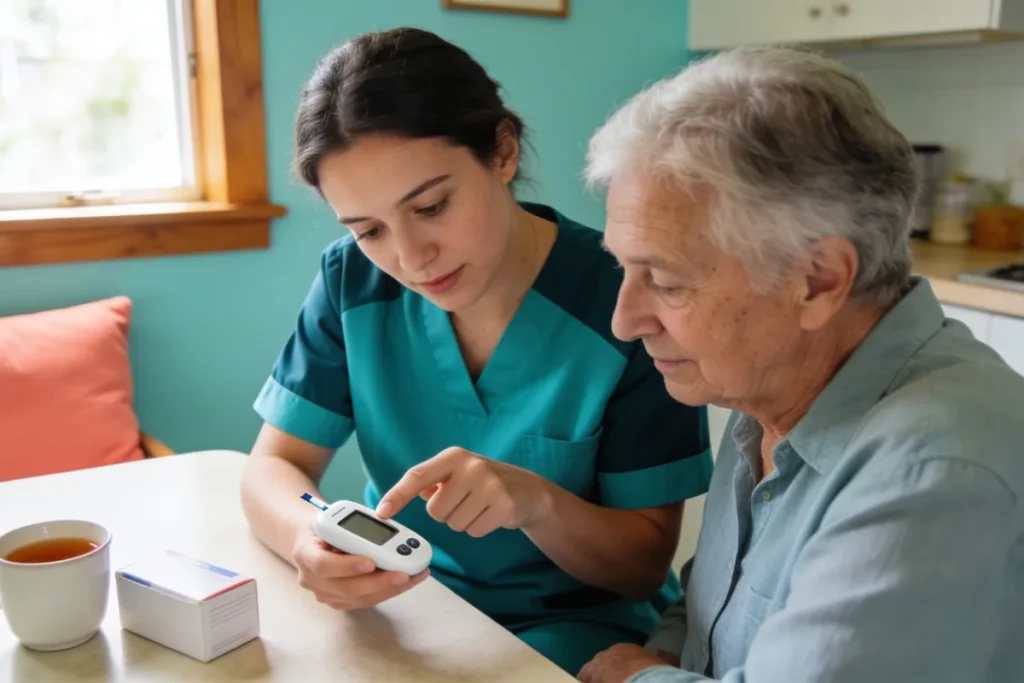 community nurse showing an older person a blood glucose meter