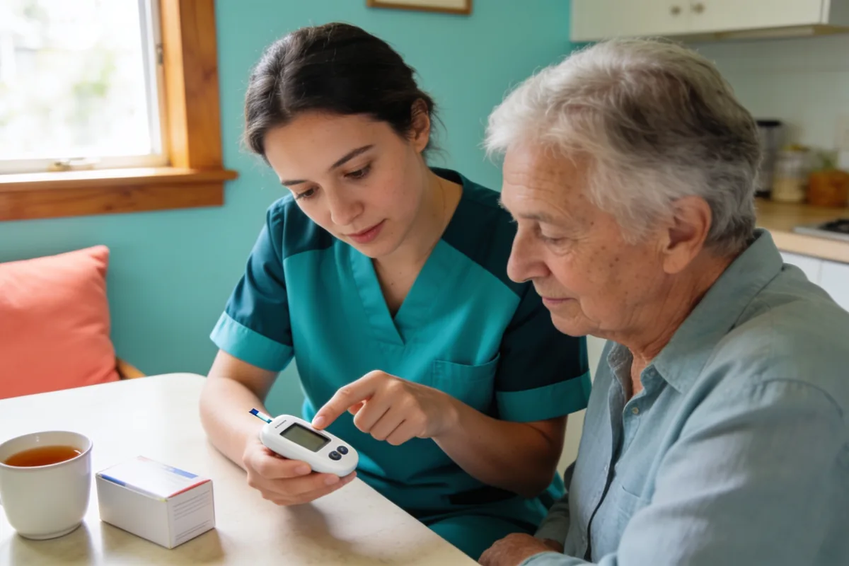 community nurse showing an older person a blood glucose meter