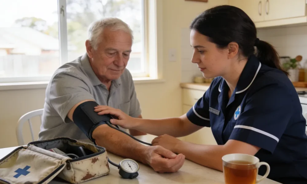 A community nurse in a navy uniform taking an older man's blood pressure at his kitchen table in a bright Australian family home.