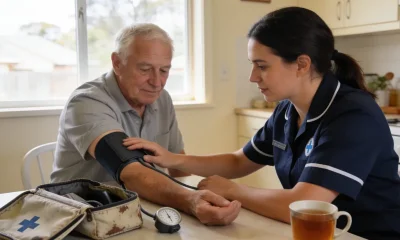 A community nurse in a navy uniform taking an older man's blood pressure at his kitchen table in a bright Australian family home.