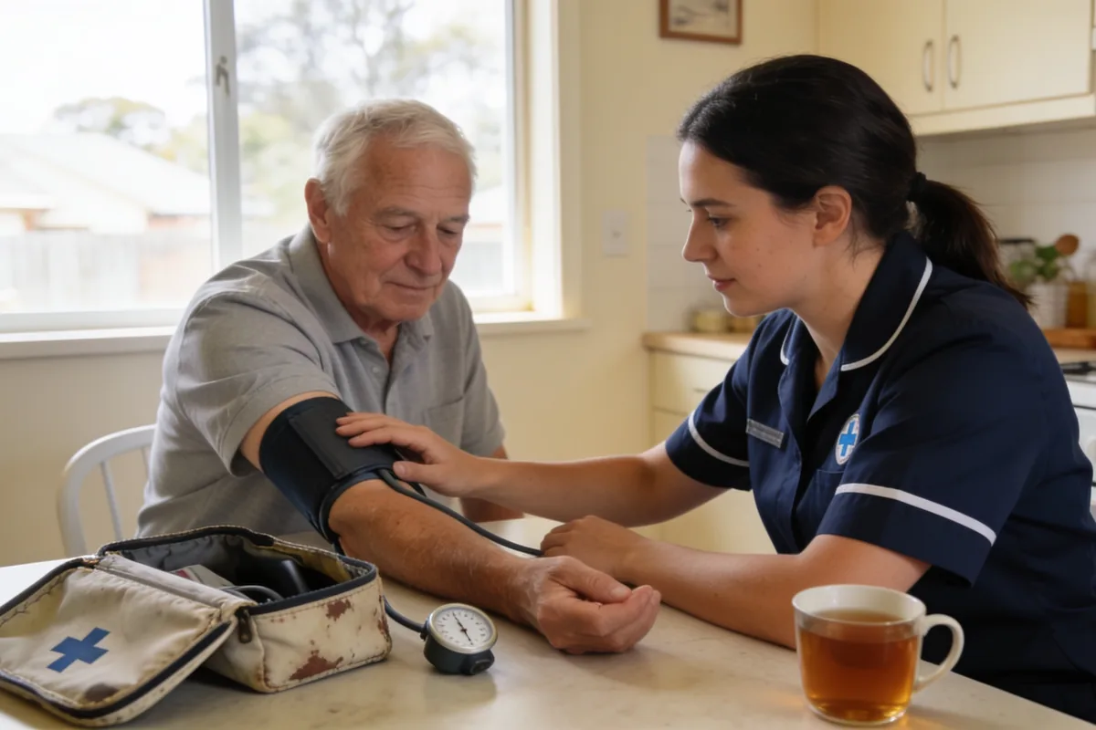 A community nurse in a navy uniform taking an older man's blood pressure at his kitchen table in a bright Australian family home.