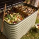 An open compost bin in a leafy Australian backyard layered with vegetable scraps, dry leaves and garden clippings, a garden fork leaning on the bin and a small bucket of scraps on the grass.
