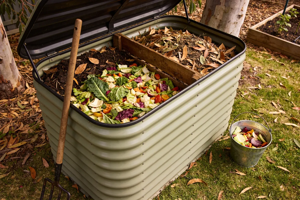 An open compost bin in a leafy Australian backyard layered with vegetable scraps, dry leaves and garden clippings, a garden fork leaning on the bin and a small bucket of scraps on the grass.