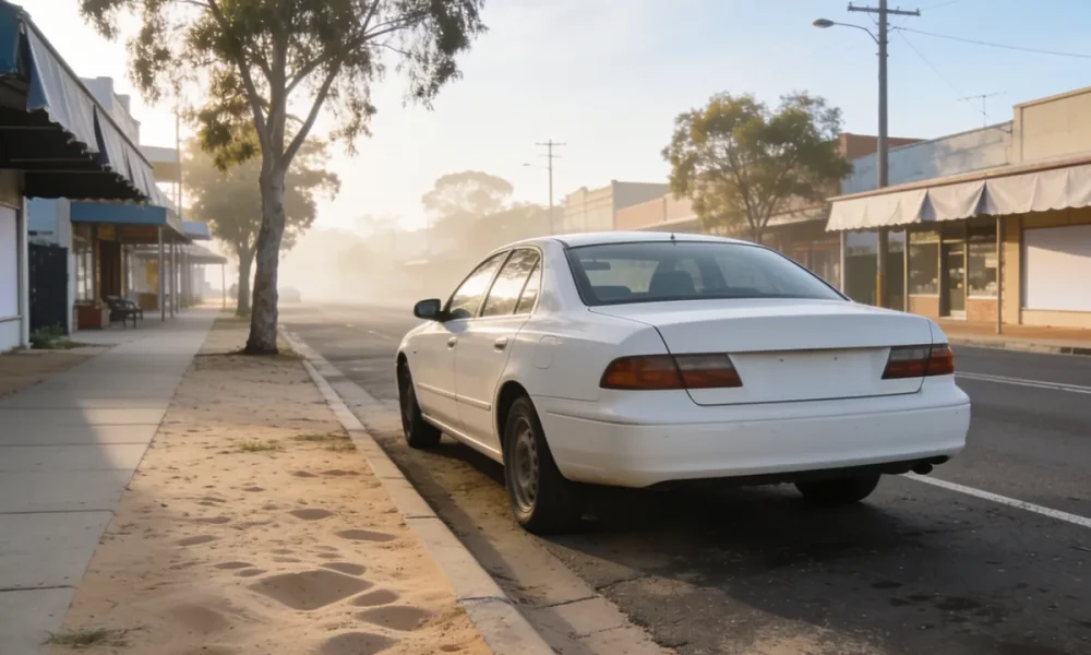 A white cab waiting on a quiet country-town main street in the morning.