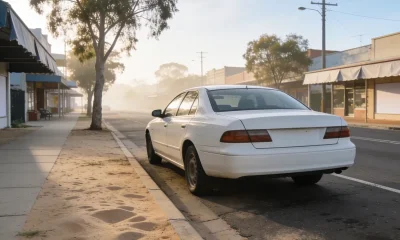 A white cab waiting on a quiet country-town main street in the morning.