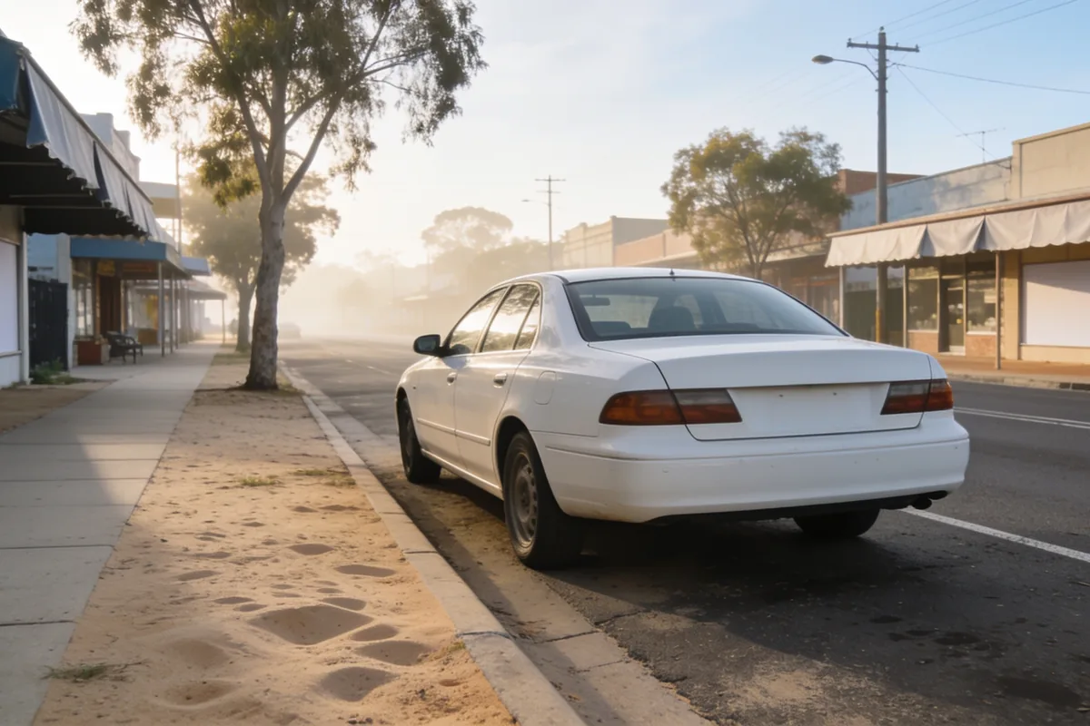 A white cab waiting on a quiet country-town main street in the morning.