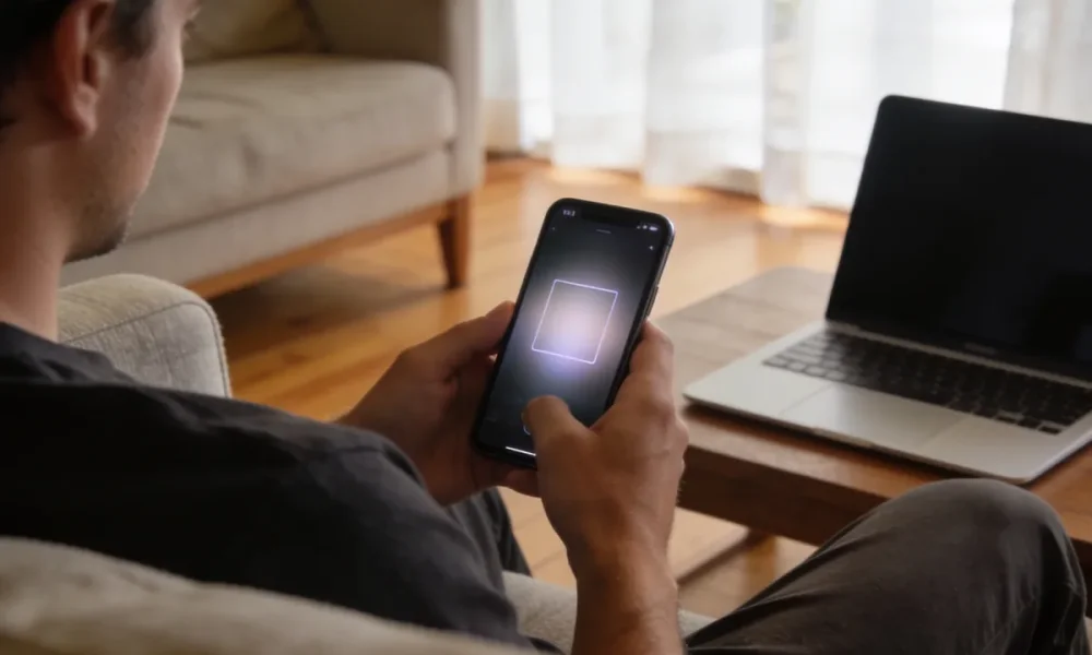 A person in a quiet living room viewed from behind over the shoulder, warily looking at a smartphone whose screen shows a softly blurred video frame, with a half-open laptop beside them.