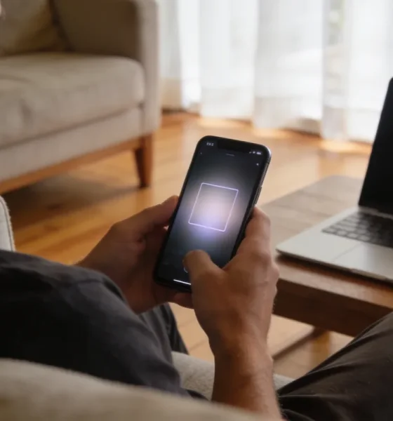 A person in a quiet living room viewed from behind over the shoulder, warily looking at a smartphone whose screen shows a softly blurred video frame, with a half-open laptop beside them.