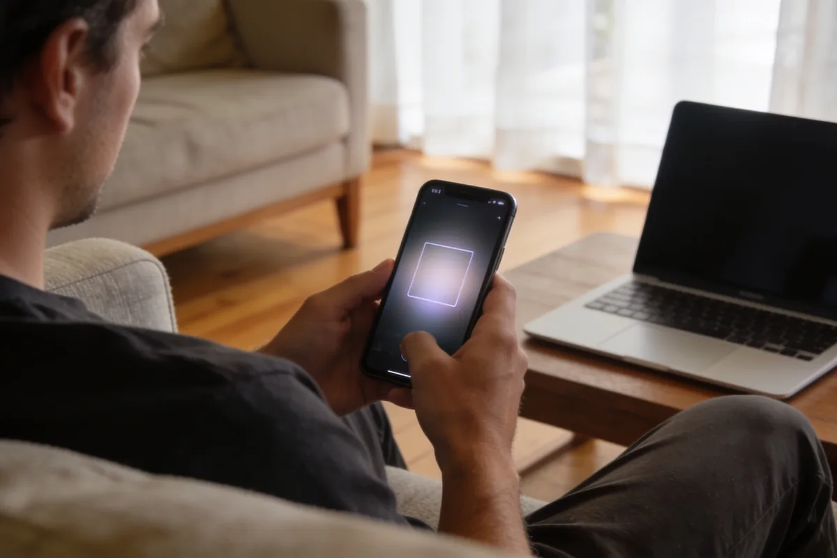 A person in a quiet living room viewed from behind over the shoulder, warily looking at a smartphone whose screen shows a softly blurred video frame, with a half-open laptop beside them.