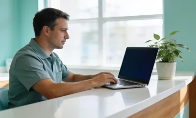 A dental practice owner working on a laptop at the reception desk of a bright modern clinic.