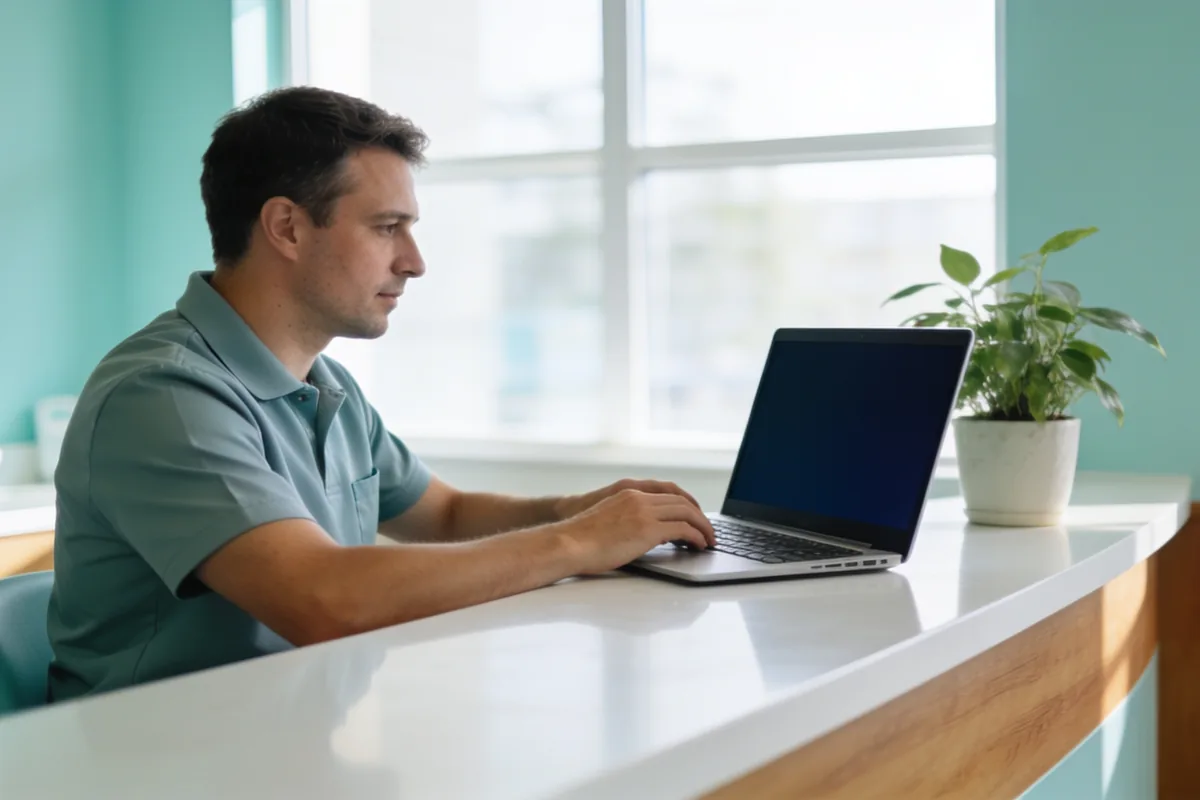 A dental practice owner working on a laptop at the reception desk of a bright modern clinic.