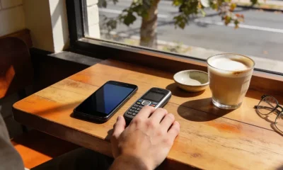 Hand resting between a modern smartphone and a simple keypad phone on a timber cafe table, weighing the switch