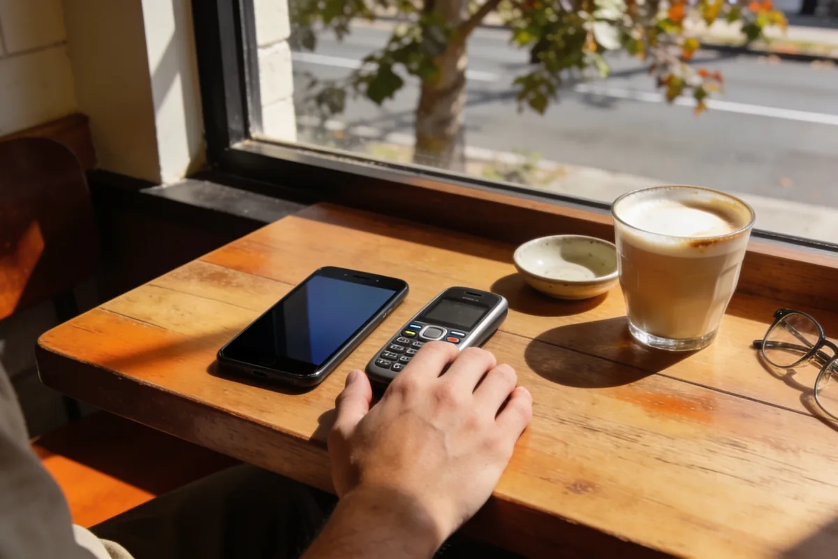 Hand resting between a modern smartphone and a simple keypad phone on a timber cafe table, weighing the switch