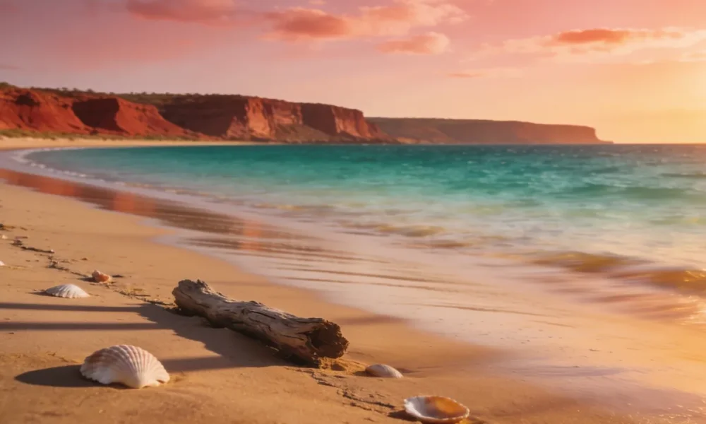 Empty tidal sand and calm shallow water at a remote Northern Territory beach at golden hour, low red-ochre cliffs in the distance