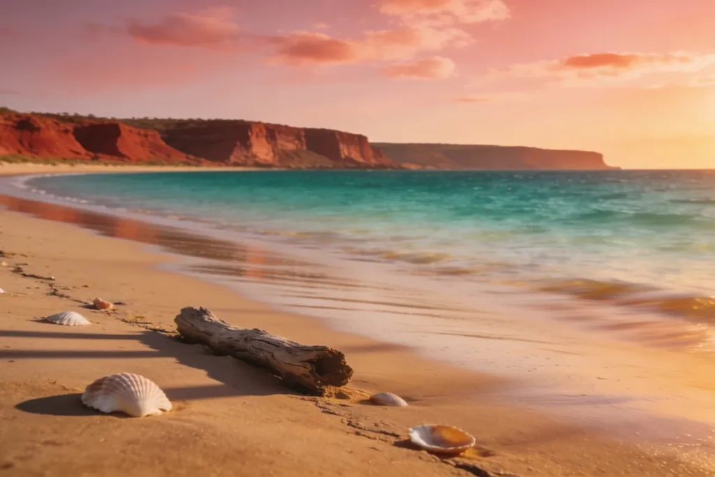 Empty tidal sand and calm shallow water at a remote Northern Territory beach at golden hour, low red-ochre cliffs in the distance