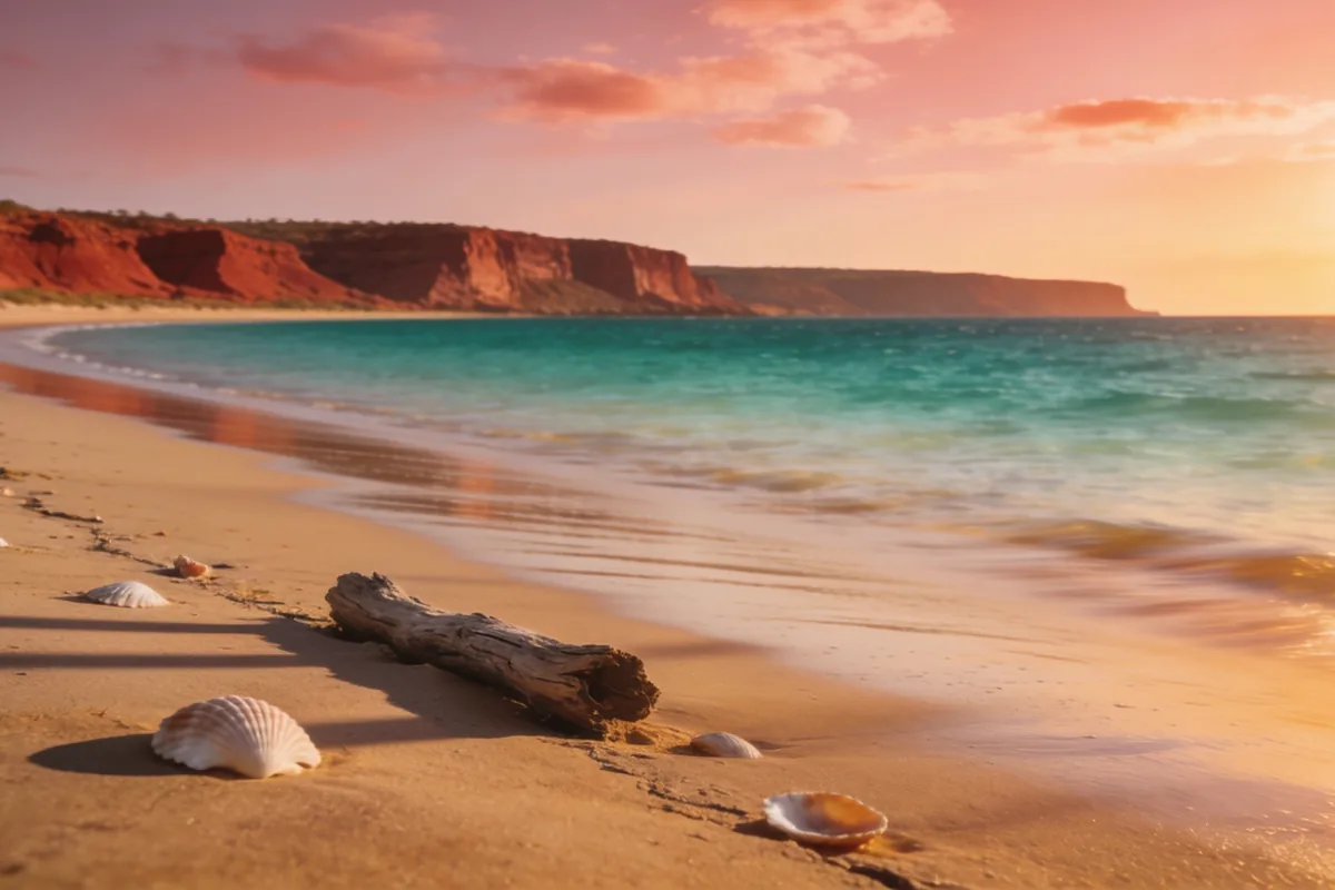 Empty tidal sand and calm shallow water at a remote Northern Territory beach at golden hour, low red-ochre cliffs in the distance