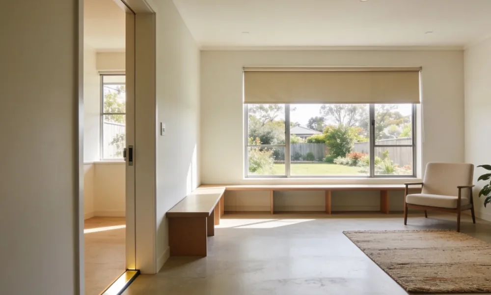Spacious, ordinary Australian living area with a level doorway seen from the hallway, a long low bench under a large half-blinded window, an armchair and rug on a polished floor, and a garden beyond