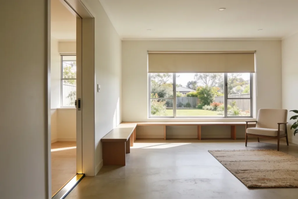 Spacious, ordinary Australian living area with a level doorway seen from the hallway, a long low bench under a large half-blinded window, an armchair and rug on a polished floor, and a garden beyond