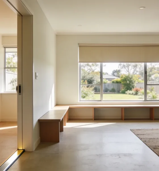 Spacious, ordinary Australian living area with a level doorway seen from the hallway, a long low bench under a large half-blinded window, an armchair and rug on a polished floor, and a garden beyond
