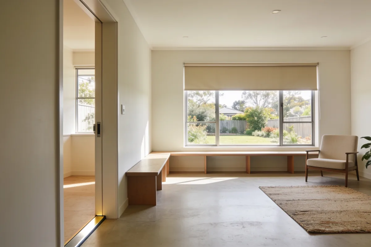 Spacious, ordinary Australian living area with a level doorway seen from the hallway, a long low bench under a large half-blinded window, an armchair and rug on a polished floor, and a garden beyond