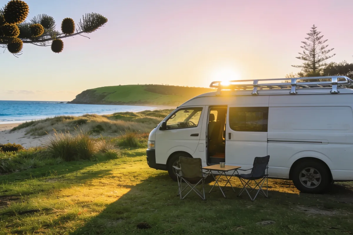 White campervan parked at a quiet beachfront campground on Australia's east coast in early morning light, coastal headland and ocean in the background