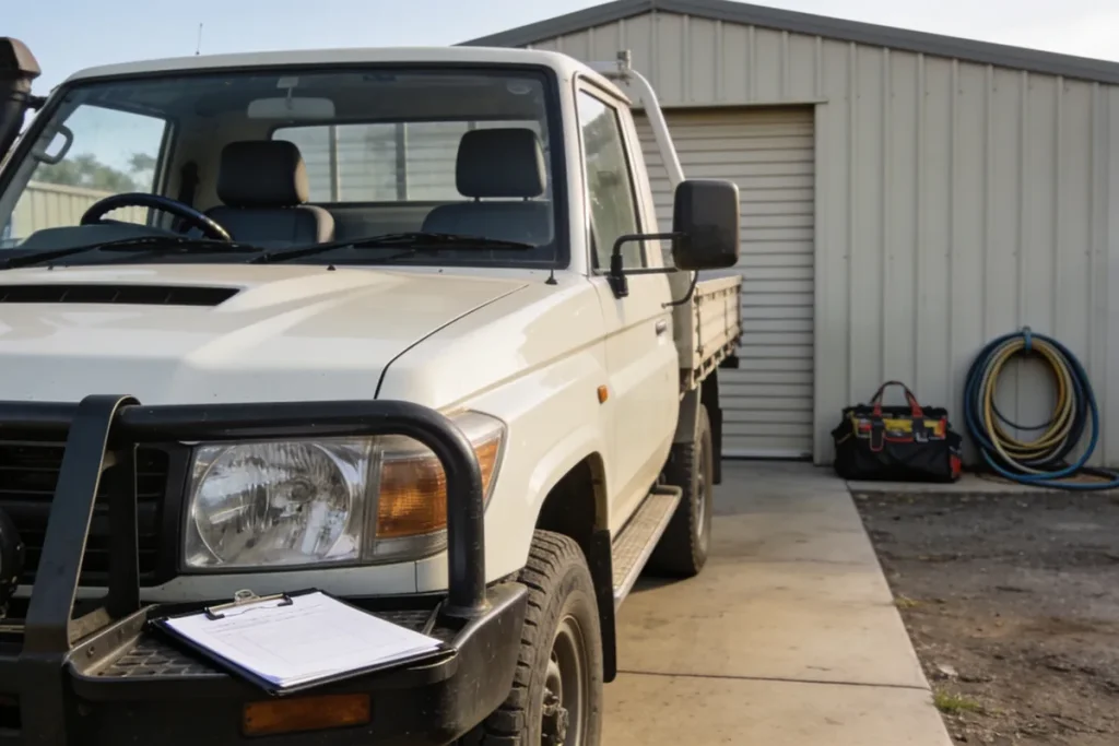 Right-hand-drive white work ute with a bull bar parked on the concrete apron of a small Australian business yard in clear morning light, a clipboard on the bull bar and a tool bag and coiled hose against a colourbond shed