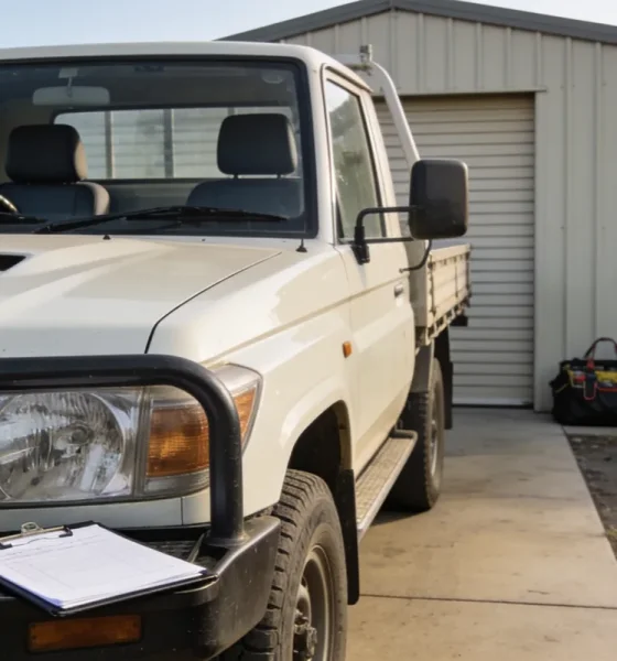Right-hand-drive white work ute with a bull bar parked on the concrete apron of a small Australian business yard in clear morning light, a clipboard on the bull bar and a tool bag and coiled hose against a colourbond shed