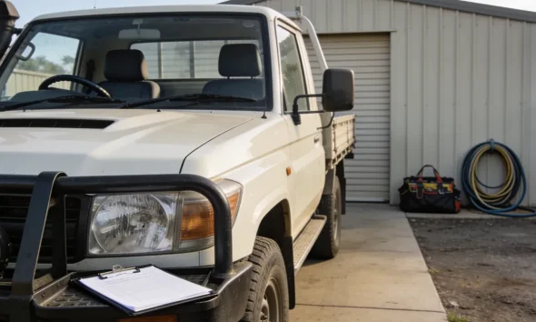 Right-hand-drive white work ute with a bull bar parked on the concrete apron of a small Australian business yard in clear morning light, a clipboard on the bull bar and a tool bag and coiled hose against a colourbond shed