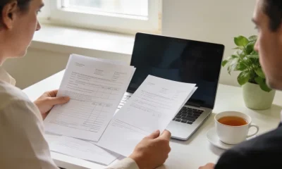 A taxpayer and an accountant reviewing tax paperwork together at a bright desk.
