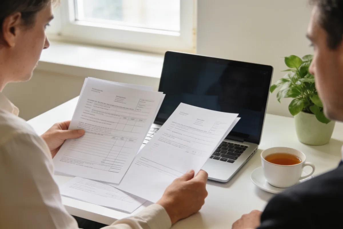 A taxpayer and an accountant reviewing tax paperwork together at a bright desk.