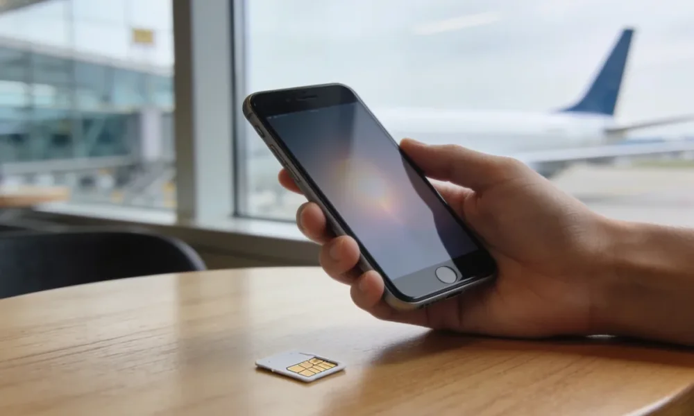 A hand holding a smartphone above a light wooden cafe table with a small plastic SIM card lying beside it, an airport terminal and plane wing softly blurred beyond a window, the phone screen glowing with no readable content.